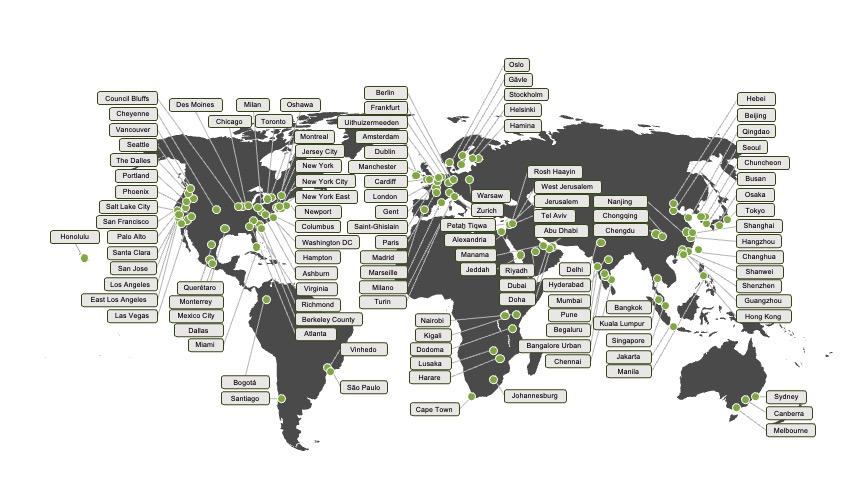 Mapa del backbone global: más de 500 PoP en ciudades y países