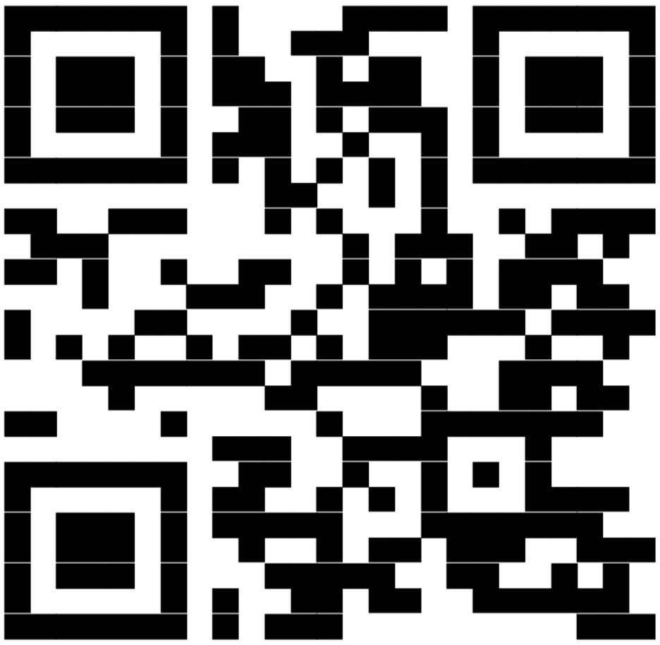 A black and white QR code on a white background. The code consists of small black and white squares arranged in a square grid pattern.