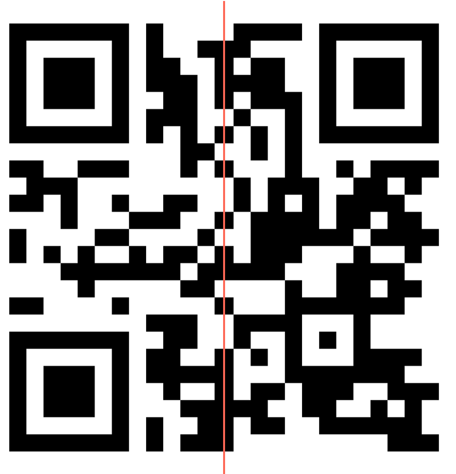 A black and white QR code with a thin red vertical line running through its center from top to bottom. The code is displayed on a white background.