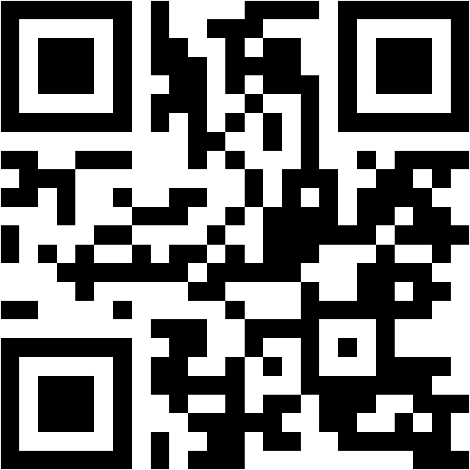 A black-and-white QR code with a square pattern, featuring three larger squares in the corners and a complex grid of smaller black and white squares filling the rest of the design.