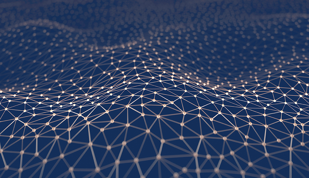 A digital abstract image depicting a network of interconnected lines and nodes on a dark blue background. The pattern forms a dynamic, wave-like surface, creating a sense of depth and complexity, reminiscent of a digital landscape or neural network.