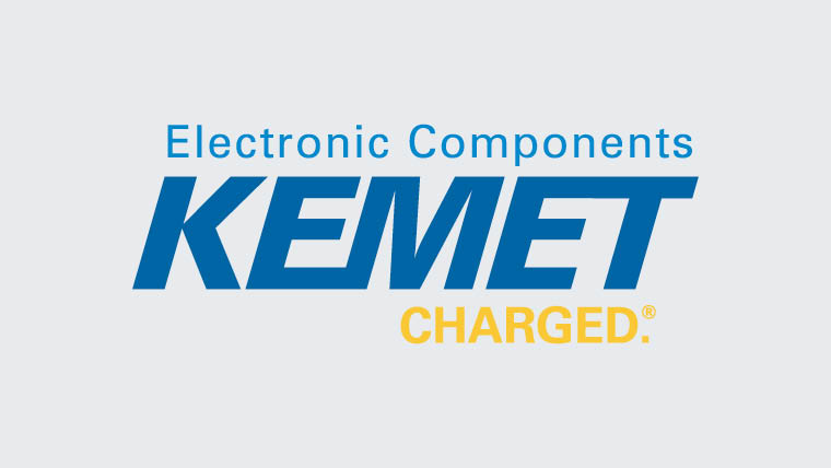 The image features the logo for KEMET, which specializes in electronic components. The word "KEMET" is displayed in large blue letters, with the words "Electronic Components" in smaller blue text above it and "CHARGED" in yellow text below to the right.
