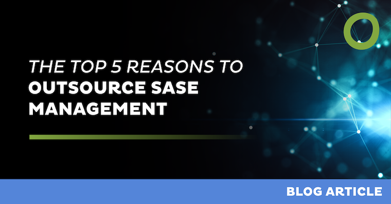 A graphic with a black and blue background featuring the text "The Top 5 Reasons to Outsource SASE Management" in bold white font. The bottom right corner has a blue strip labeled "Blog Article." A digital network design highlighting SASE management is illustrated on the right side.