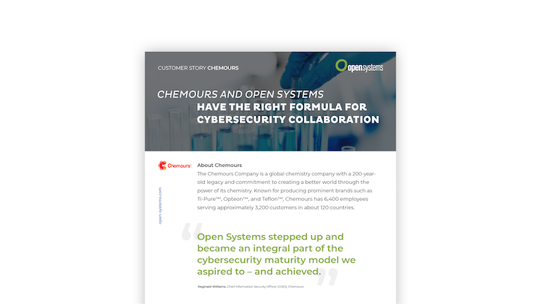 A document showcasing a customer story about Chemours and Open Systems collaborating on cybersecurity. The text includes a brief overview of Chemours and a highlighted quote from Rajendran Williams, IT Delivery Manager at Chemours, praising Open Systems' contribution.