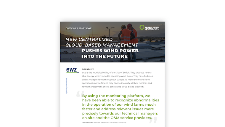 An image of a promotional flyer titled "New Centralized Cloud-Based Management Pushes Wind Power into the Future." The background shows two people in safety gear on a rooftop, with text detailing a case study about EWZ’s use of a cloud-based platform for wind turbines.