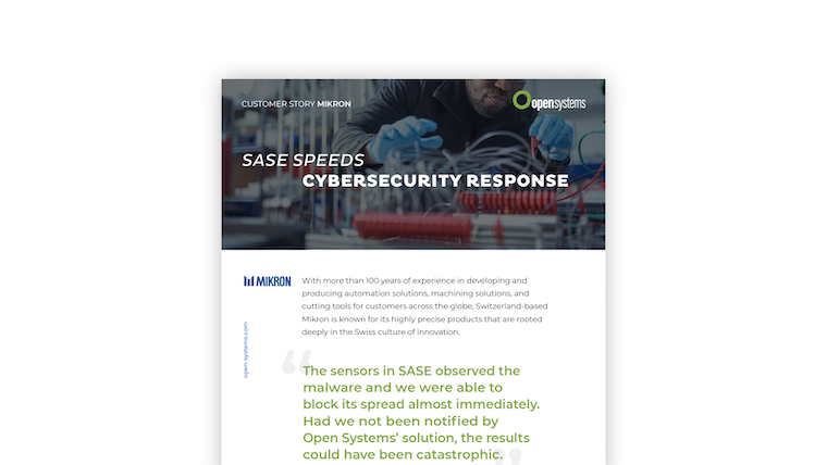 Image of a customer story document titled "SASE Speeds Cybersecurity Response" featuring the logos of Mikron and Open Systems. The document mentions Mikron's extensive experience and highlights Open Systems' role in preventing a potential cyber catastrophe.