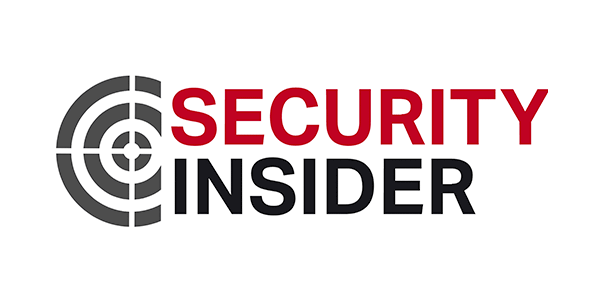 Logo with the text "Security Insider" on the right half in red and black, and a circular design resembling a target or radar on the left half in shades of black and gray.