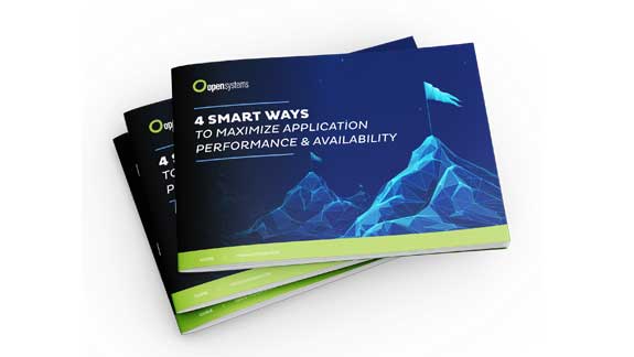 A stack of brochures titled "4 Smart Ways to Maximize App Performance & Availability," featuring a blue and green abstract mountain design on the cover. These insightful guides are from Open Systems.