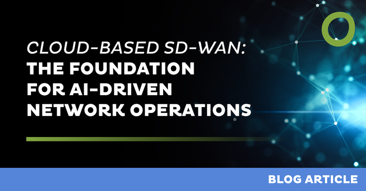 Image with the text "Cloud-based SD-WAN: The Foundation for AI-Driven Network Operations" on a dark background with a glowing network design on the right. At the bottom, the label "Blog Article" is in a blue banner.