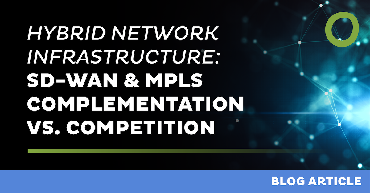 Graphic with text: "Hybrid Network Infrastructure: SD-WAN & MPLS Complementation vs. Competition." A blue and black background with a digital network design and "Blog Article" label at the bottom.