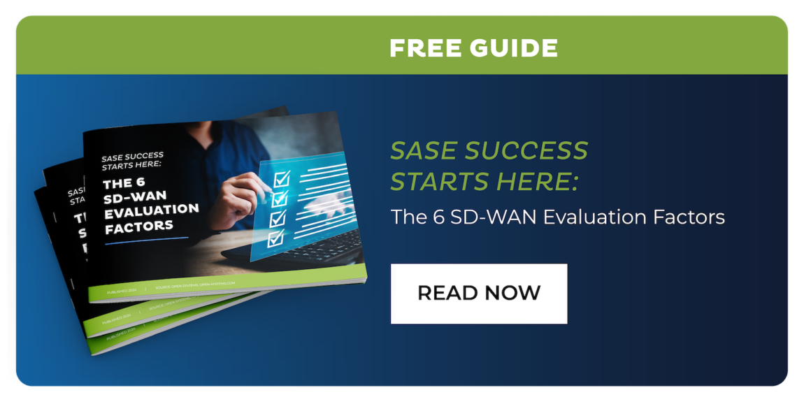 Promotional image for a guide titled "The 6 SD-WAN Evaluation Factors" with the text "SASE Success Starts Here." A person is using a laptop. There is a button that says "Read Now." The blue and green background highlights the importance of SD-WAN network connectivity.