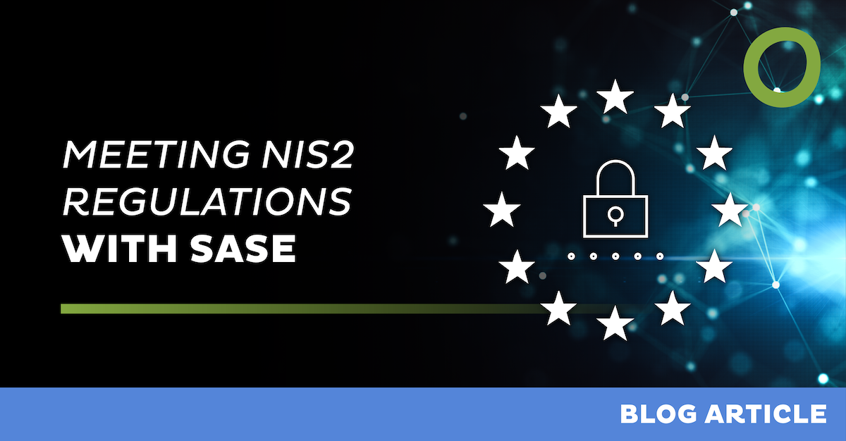 Text on a dark background reads "Meeting NIS2 Regulations with SASE." To the right, stars encircle a padlock symbol on a glowing tech-themed background. A blue band at the bottom says "Blog Article.