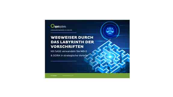 Eine digitale Werbung mit einem Labyrinth-Design und einem Waage-Symbol. Der Text auf Deutsch lautet: „Wegweiser durch das Labyrinth der Vorschriften. Mit SASE verwandeln Sie NIS-2 & DORA in strategische Vorteile.“ Grüne und blaue Farben dominieren das Design.