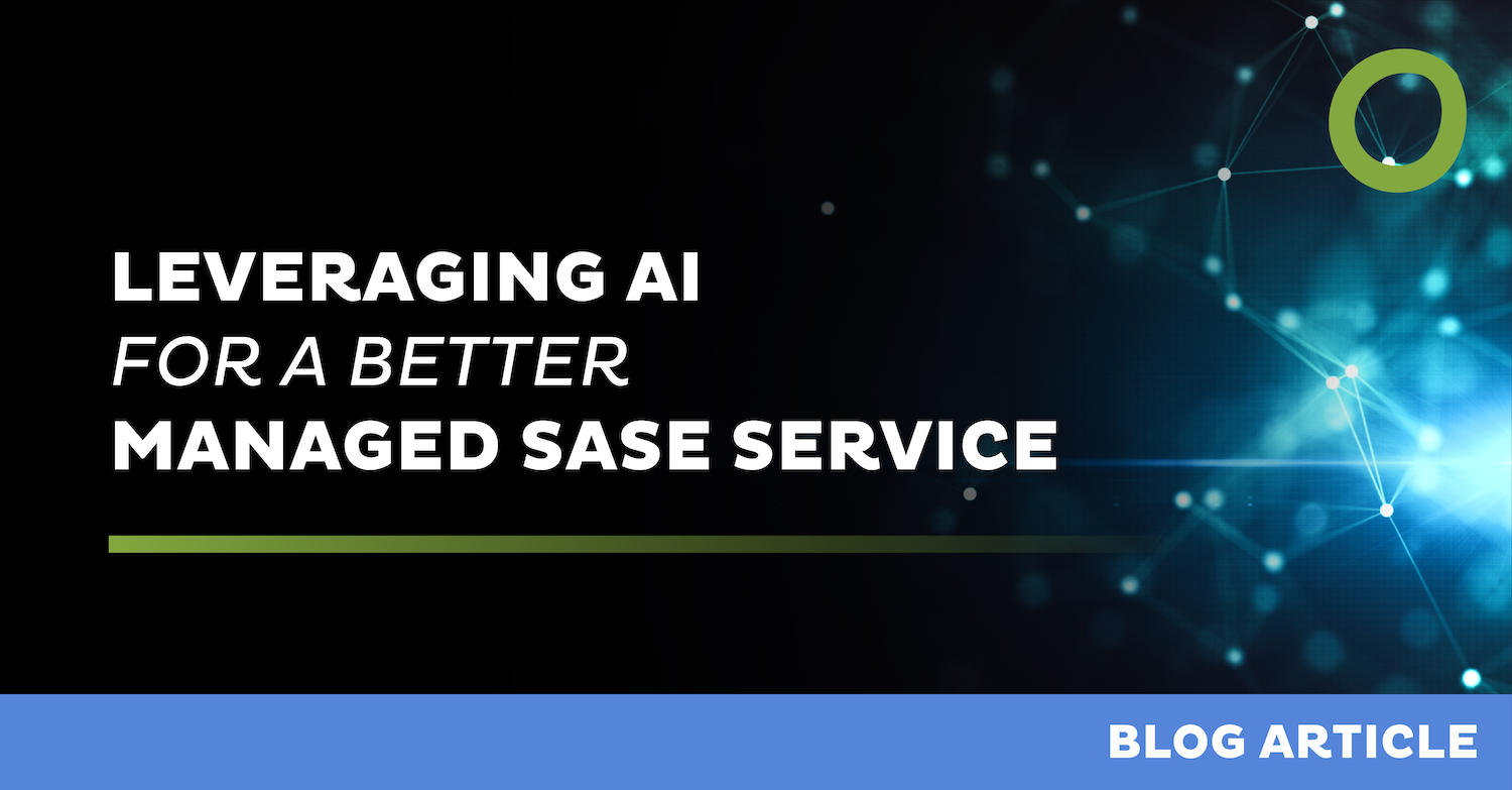 Graphic with a digital network theme showcases "Leveraging AI for a Better Managed SASE Service" on the left. A glowing network pattern adorns the dark background to the right, accompanied by a blue strip at the bottom labeled "Blog Article".