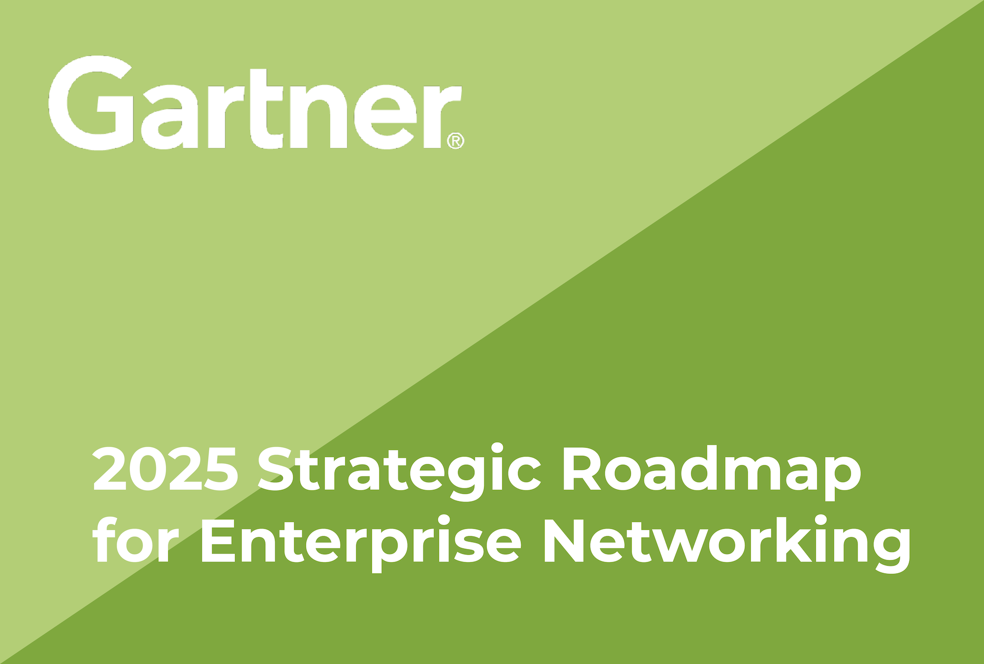 Green and light green diagonal split background with white text: "Gartner 2025 Strategic Roadmap for Enterprise Networking." Featuring insights from SASE Analyst Reports.