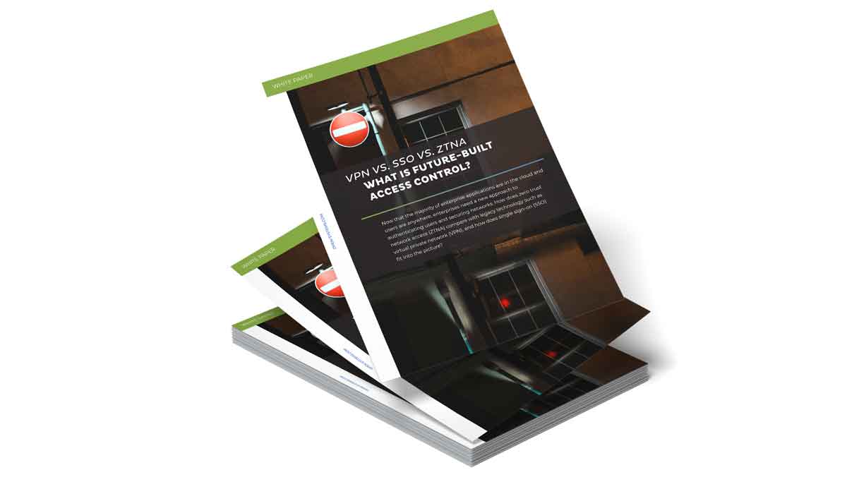 Une pile de brochures intitulée « VPN vs. SSO vs. ZTNA : qu'est-ce que le contrôle d'accès du futur ? » avec un design futuriste avec un bâtiment moderne et une icône de sécurité rouge sur la couverture. Les brochures sont légèrement déployées.